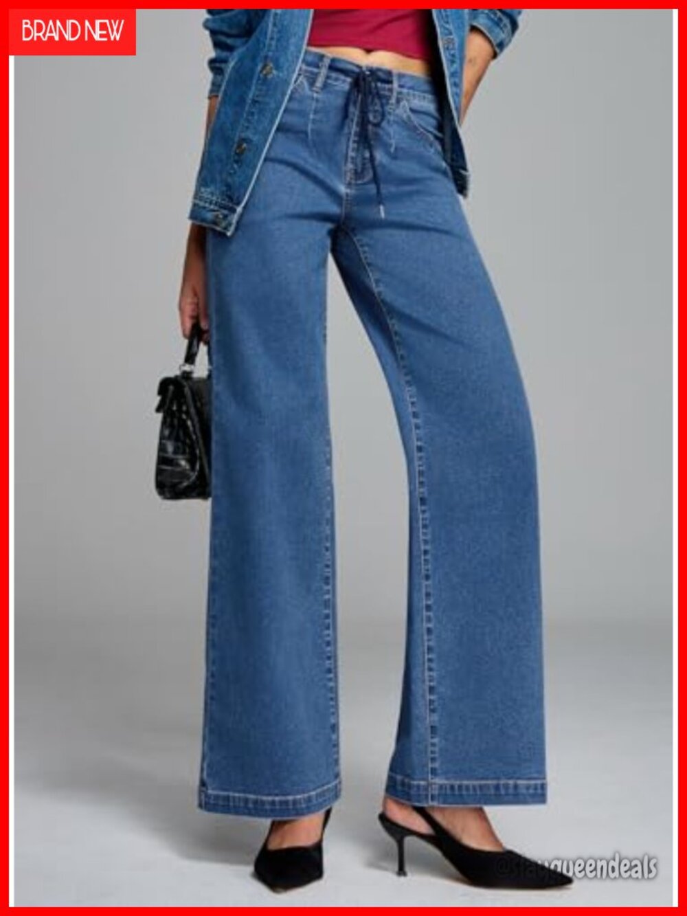 Wide Leg High Waisted Baggy Drawstring Denim Jeans Stretchy Elastic Waist - Picture 3 of 6